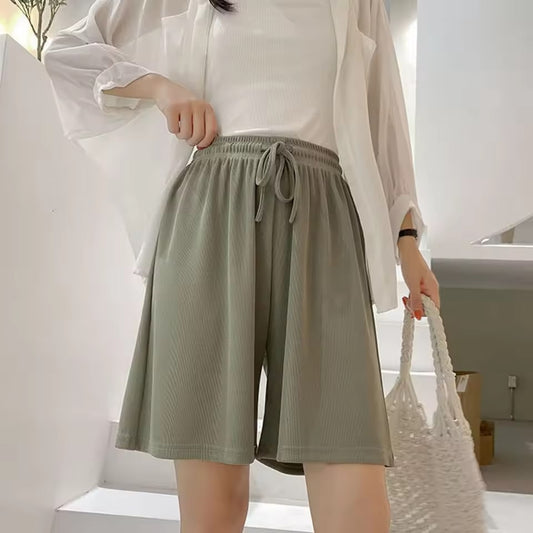 Summer Cotton Loose Women's Shorts Casual Straight Short Pants Harajuku Elastic Waist Wide Leg Knee Length Shorts