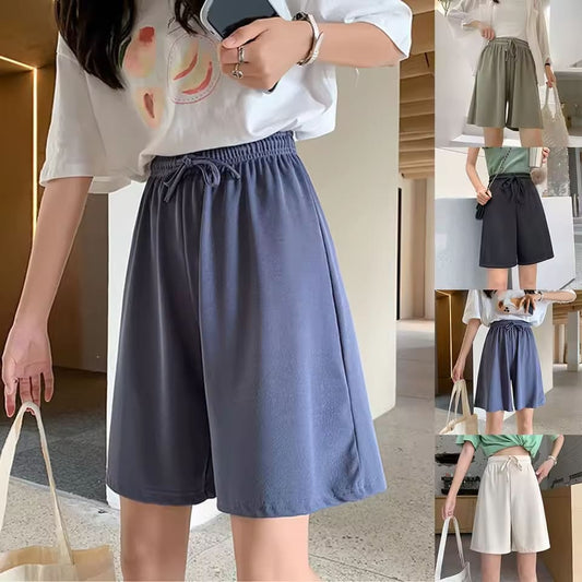 Summer Cotton Loose Women's Shorts Casual Straight Short Pants Harajuku Elastic Waist Wide Leg Knee Length Shorts